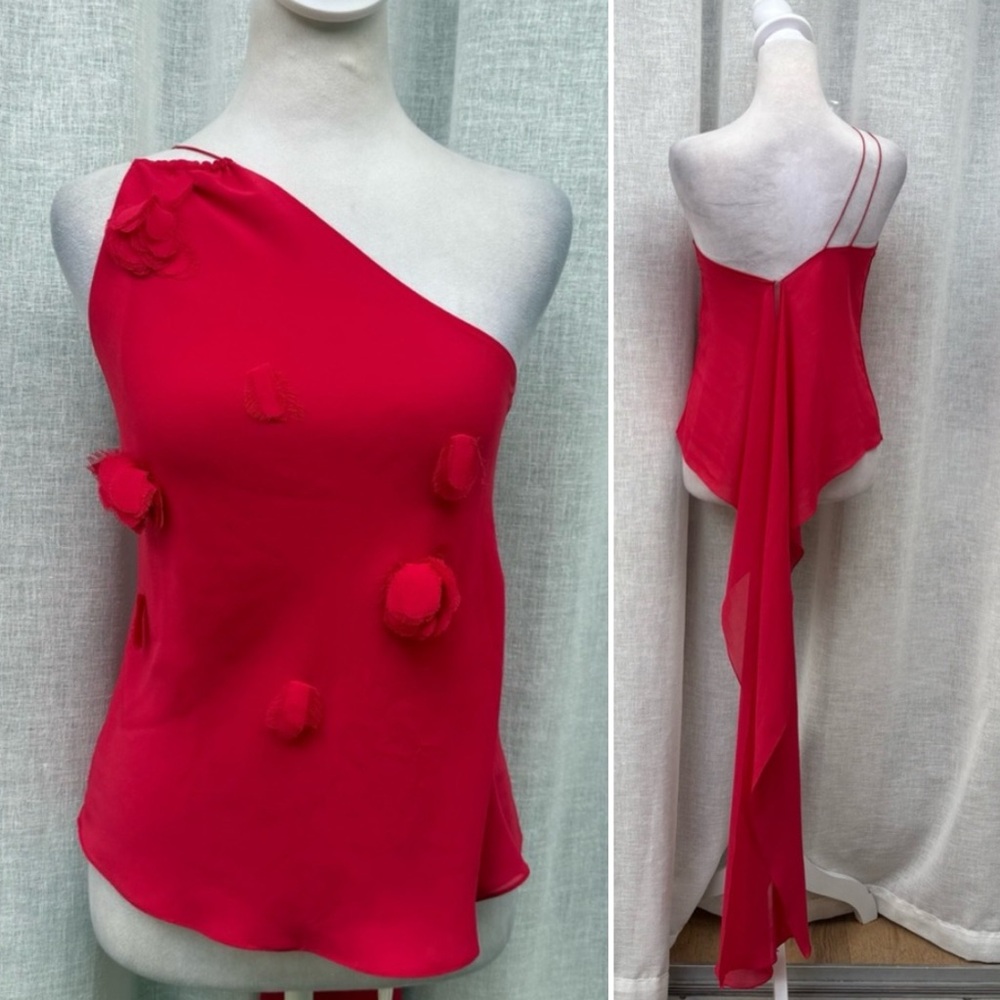 Beatriz Camacho bright red one shoulder back train silk blouse